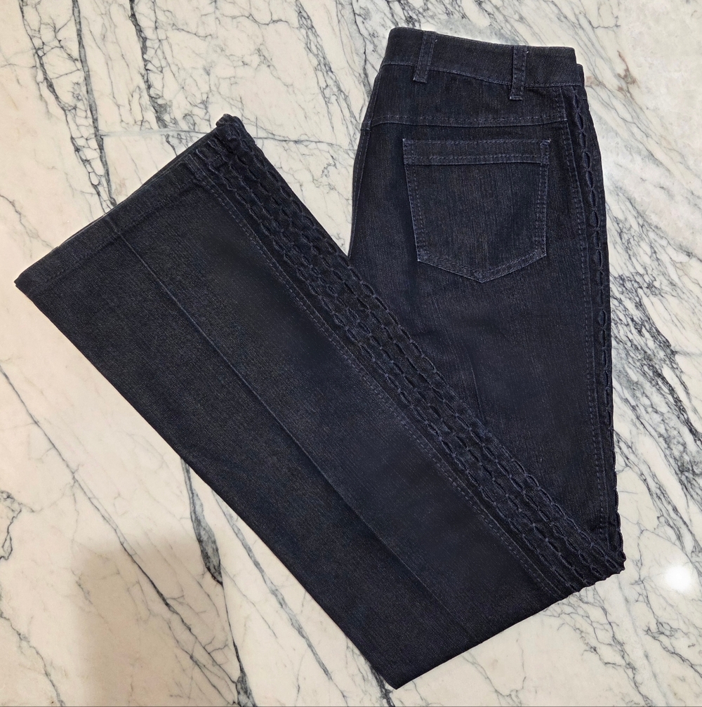 ESCADA Women's Jeans: Dark Blue Wide Leg with unique textured details.  Size: 40